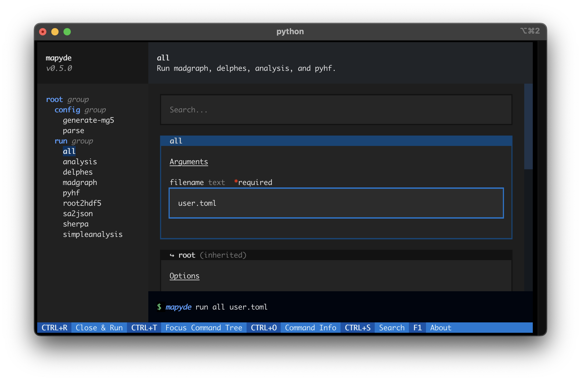 Screenshot of an iTerm2 terminal showing the Textual User Interface option of 